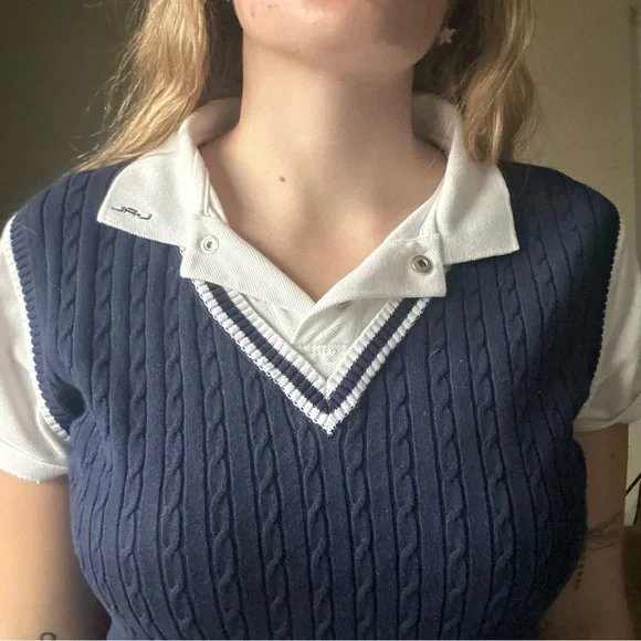 2000s Lauren Ralph Lauren Active Cable Knit Vest Polo Top Size M - Picture 3 of 8